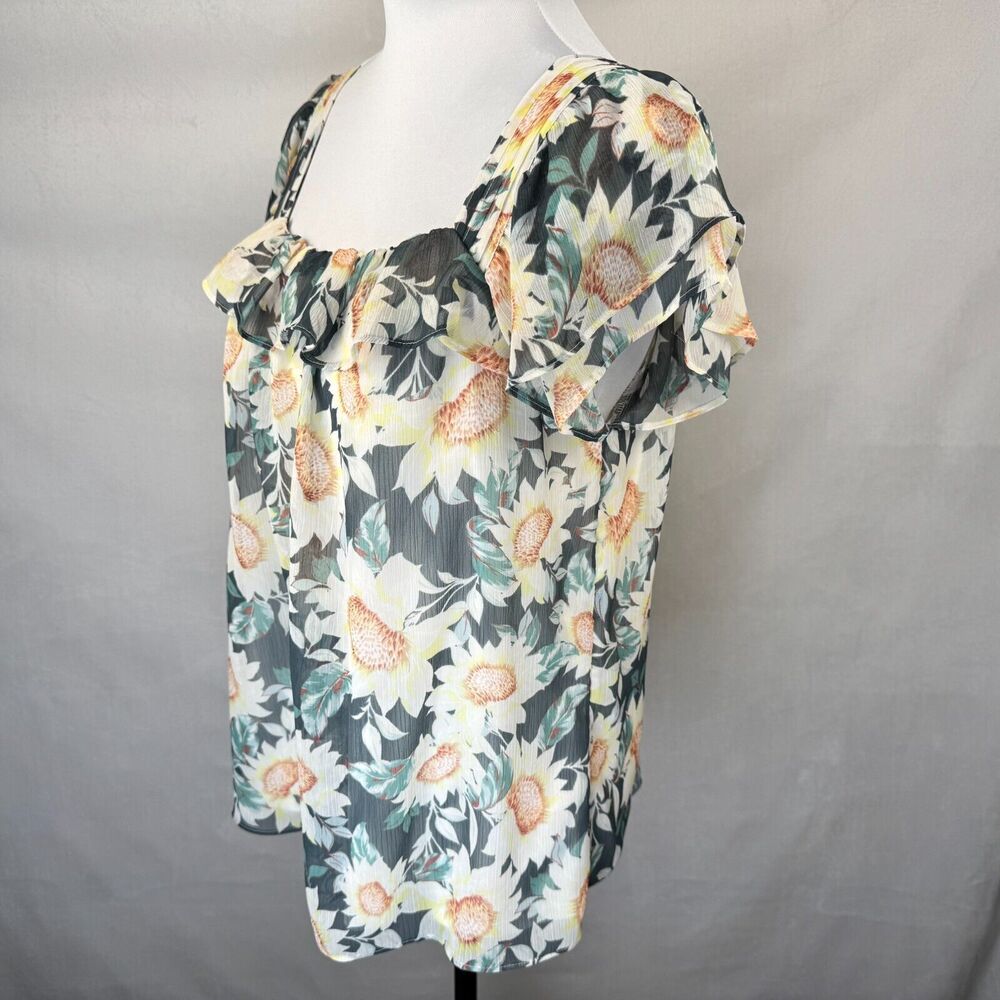 LC Lauren Conrad Women Sz S Sheer Square Ruffle Neck Pleated Sunflower Print - Picture 3 of 7